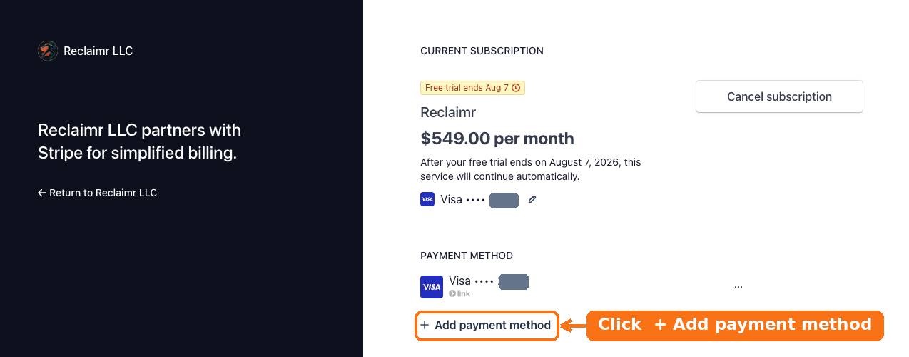 Billing portal with the Add payment method button highlighted