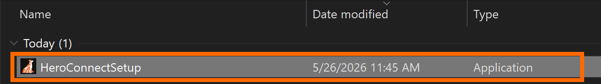Windows Downloads folder with the HeroConnectSetup installer highlighted