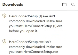 Browser download panel showing the HeroConnectSetup file with an "isn't commonly downloaded" caution message