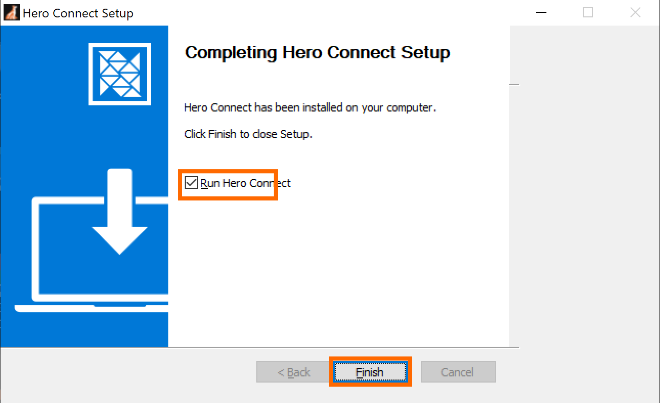 Hero Connect setup window with Run Hero Connect and Finish highlighted