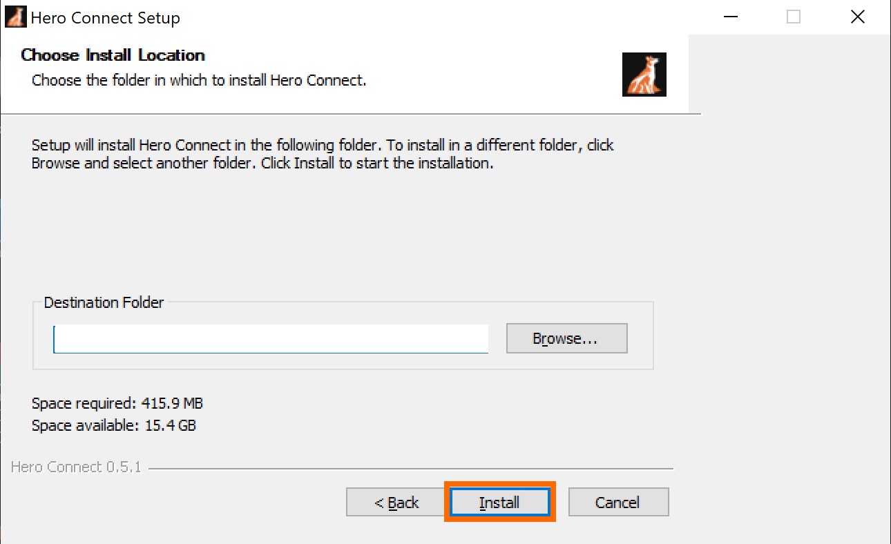 Hero Connect setup window with the Install button highlighted