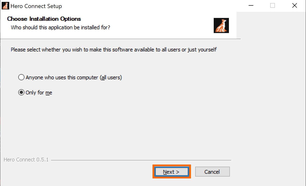 Hero Connect setup window with the Next button highlighted
